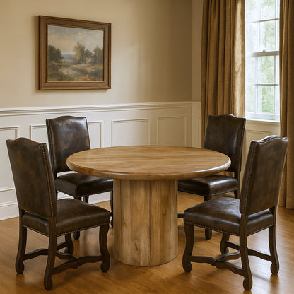 Five Piece Brown Round Solid Wood Dining Set with Four Chairs