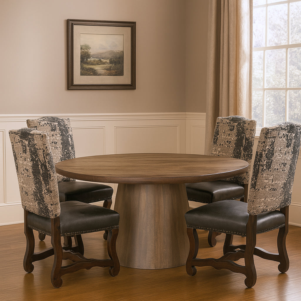 Five Piece Brown Round Solid Wood Dining Set with Four Chairs