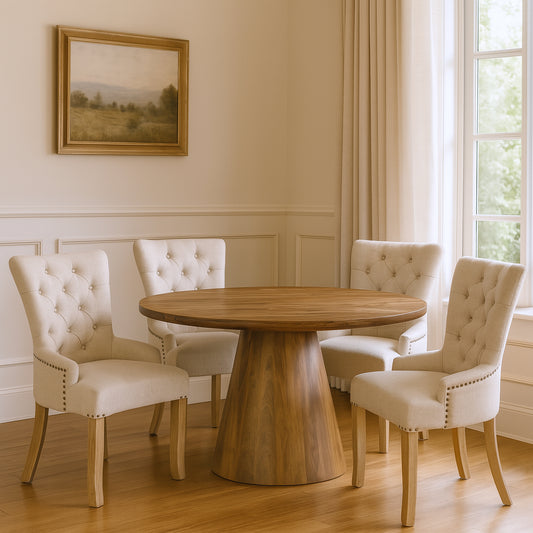 Five Piece Brown Round Solid Wood Dining Set with Four Chairs