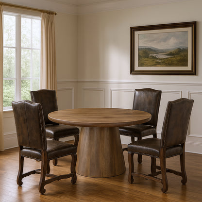 Five Piece Brown Round Solid Wood Dining Set with Four Chairs
