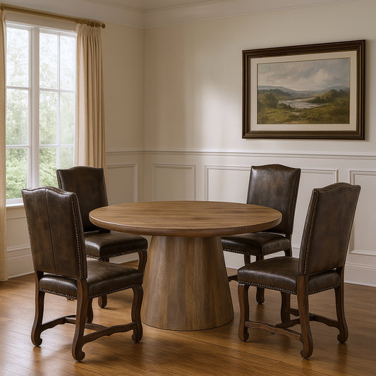 Five Piece Brown Round Solid Wood Dining Set with Four Chairs
