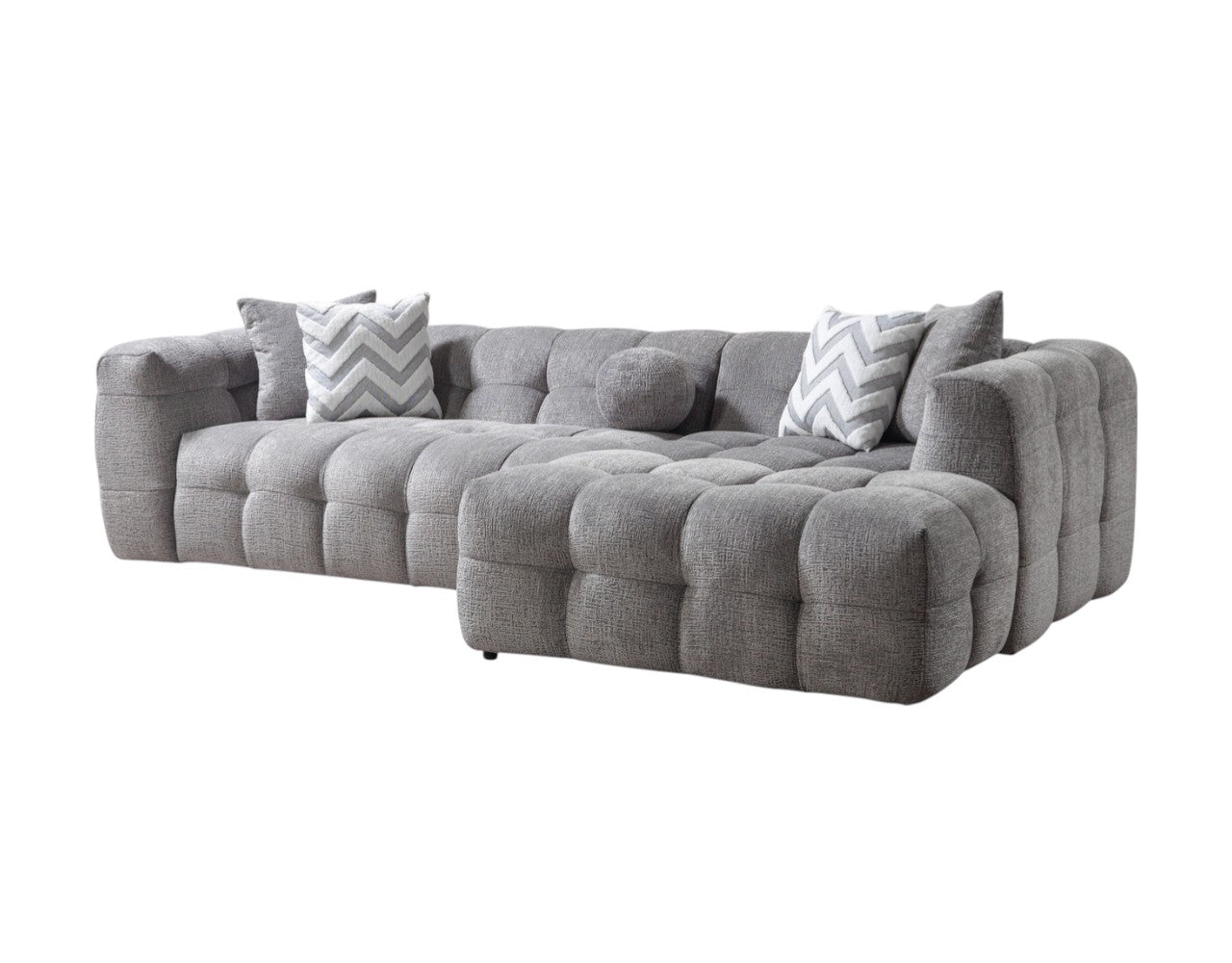 Light Gray Boucle L Shaped Two Piece Sofa and Chaise Sectional With Toss Pillows