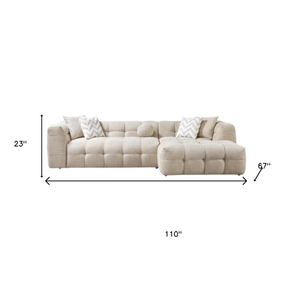 Ivory Boucle L Shaped Two Piece Sofa and Chaise Sectional With Toss Pillows