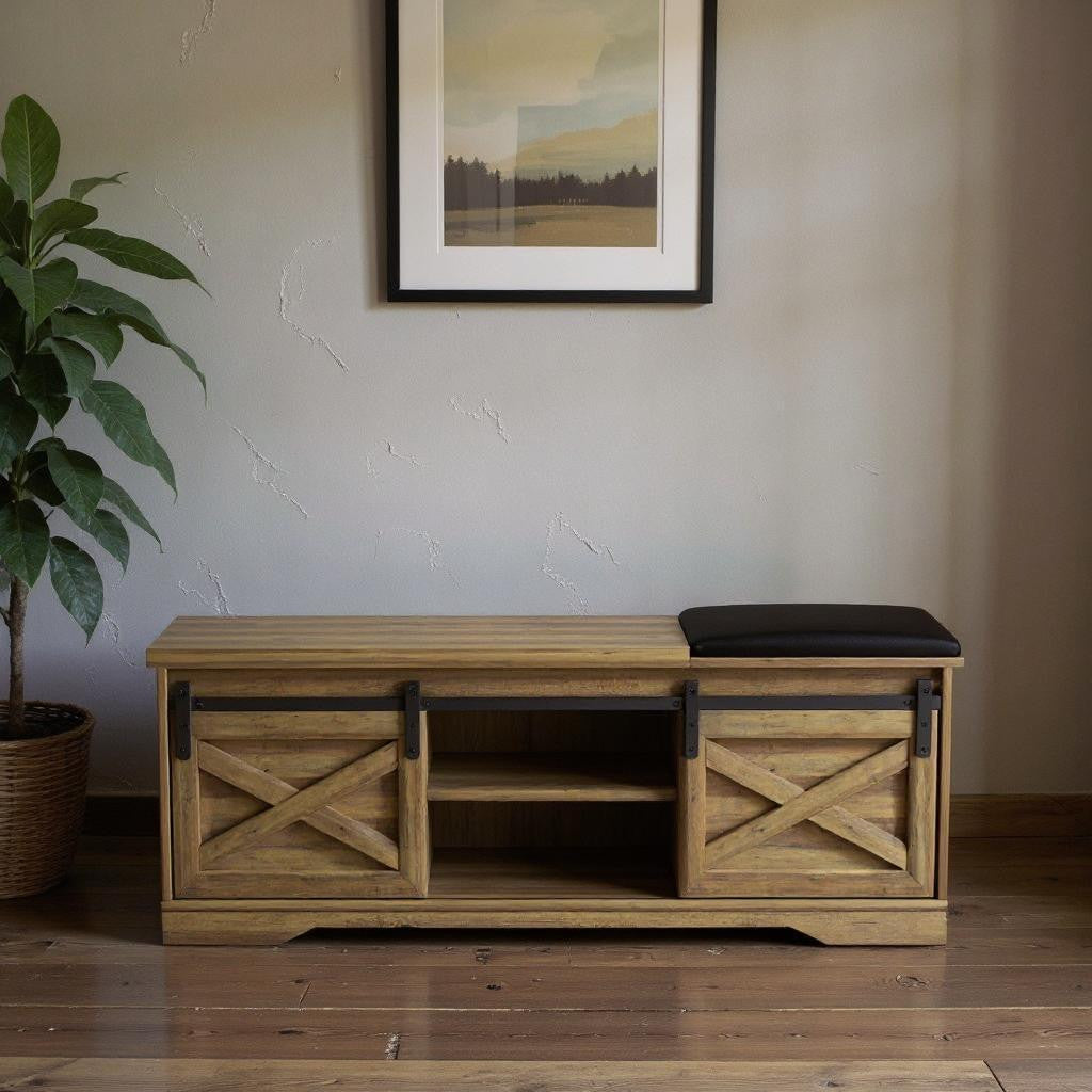47" Black and Natural Faux Leather And Wood Bench With Shoe Storage And Shelves