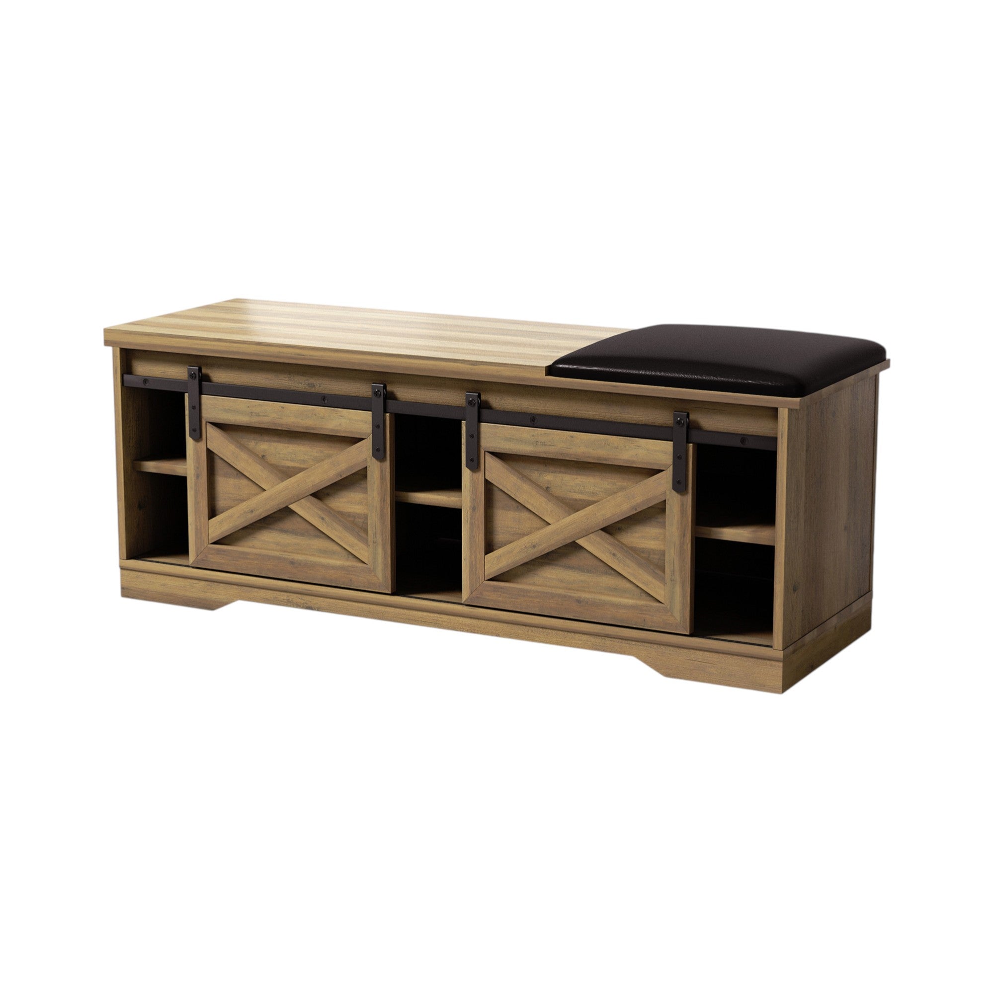 47" Black and Natural Faux Leather And Wood Bench With Shoe Storage And Shelves