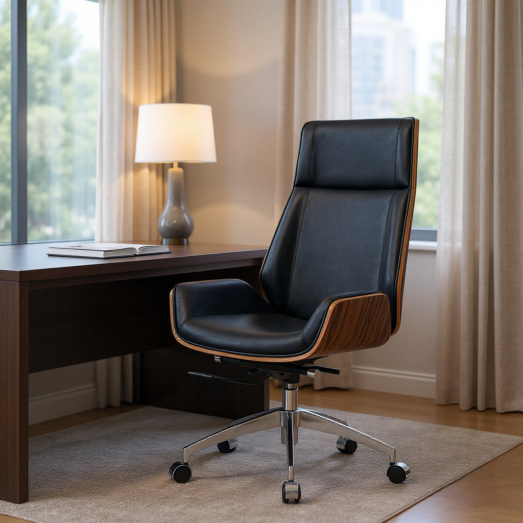 Black Rosewood and Silver Adjustable Height Swivel Rolling Executive Office Chair