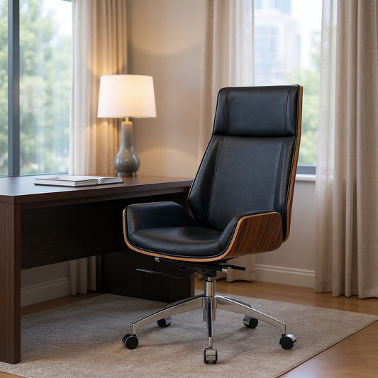 Black Rosewood and Silver Adjustable Height Swivel Rolling Executive Office Chair
