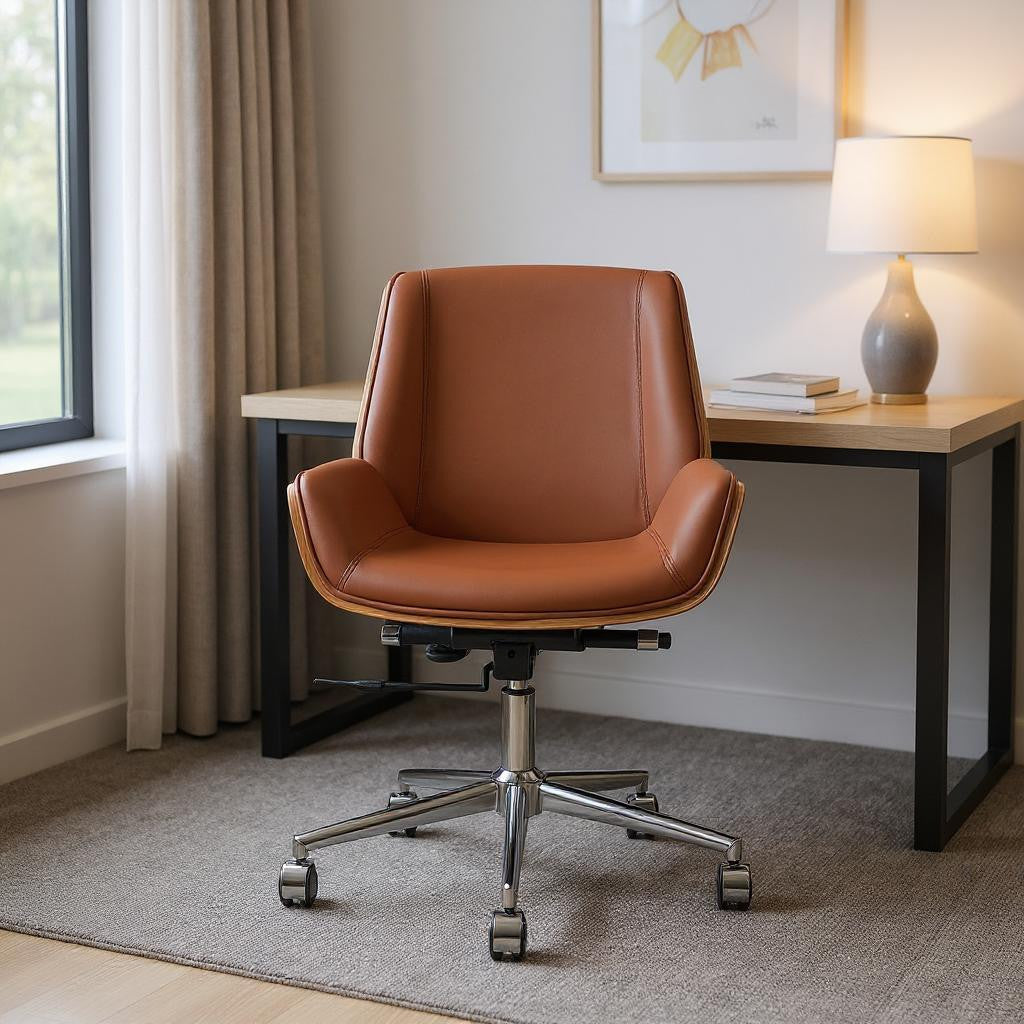 Brown Rosewood and Silver Adjustable Height Swivel Rolling Conference Office Chair