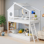 A-B Combination Sale, Please Do Not Buy Separately---Wood Twin Over Twin House Bunk Bed, Loft Bed With Ladder, Safety Guardrail, Wooden Slats & Window