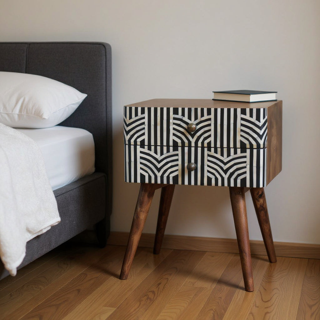 23" Black White And Brown Solid Wood Geometric Bone Inlay Two Drawer Nightstand