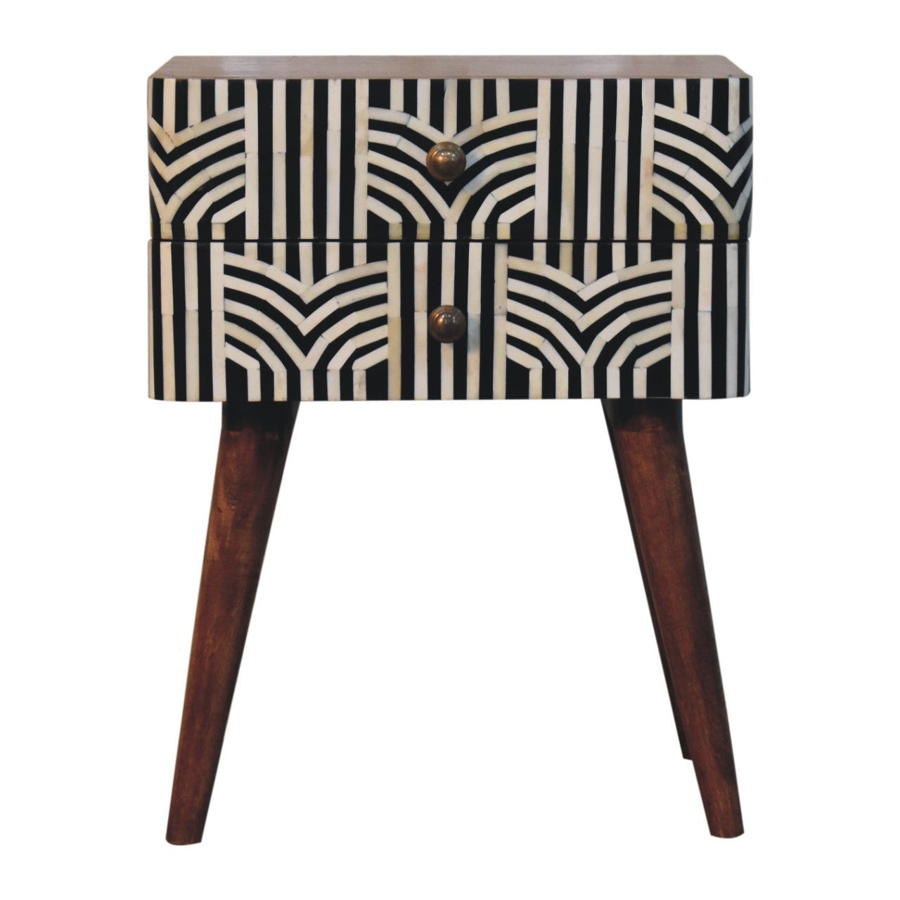 23" Black White And Brown Solid Wood Geometric Bone Inlay Two Drawer Nightstand