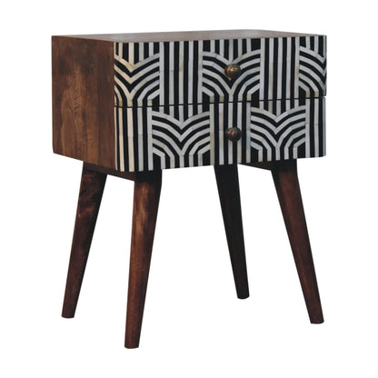 23" Black White And Brown Solid Wood Geometric Bone Inlay Two Drawer Nightstand
