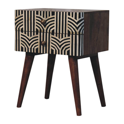 23" Black White And Brown Solid Wood Geometric Bone Inlay Two Drawer Nightstand