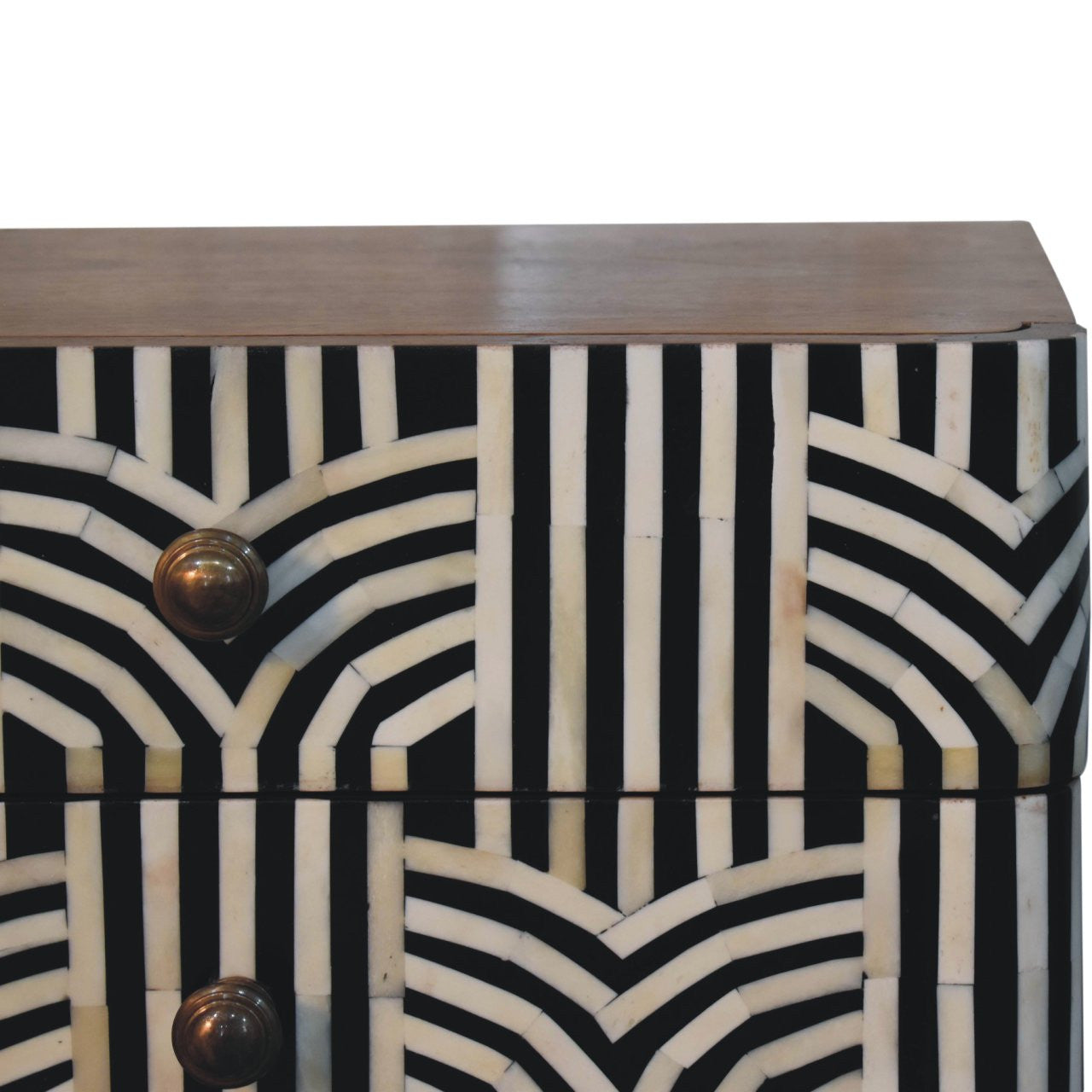 23" Black White And Brown Solid Wood Geometric Bone Inlay Two Drawer Nightstand
