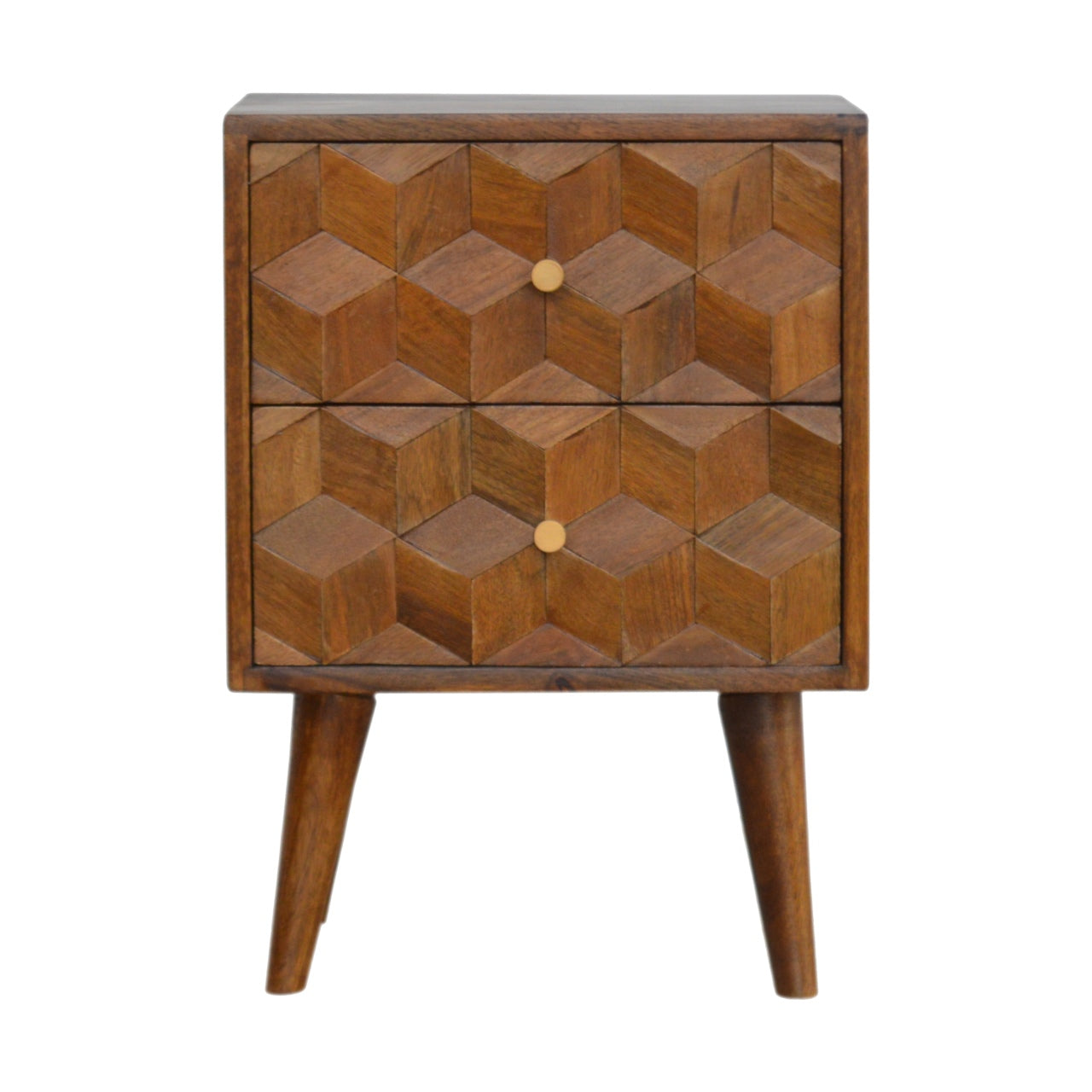 22" Chestnut Solid Wood Carved Geometric Two Drawer Nightstand