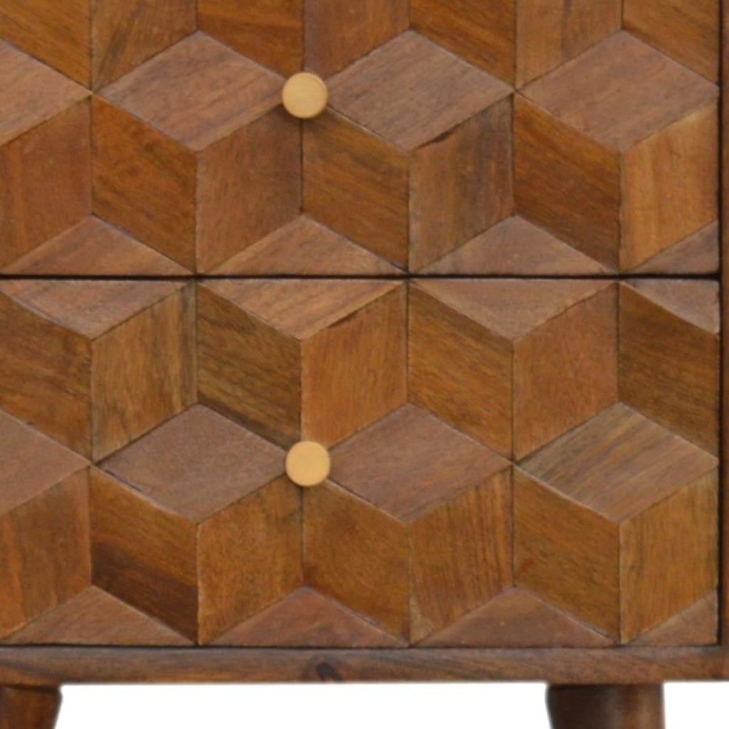 22" Chestnut Solid Wood Carved Geometric Two Drawer Nightstand