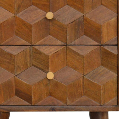 22" Chestnut Solid Wood Carved Geometric Two Drawer Nightstand