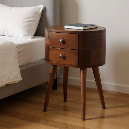 20" Brown Solid Wood Oval Distressed Two Drawer Nightstand