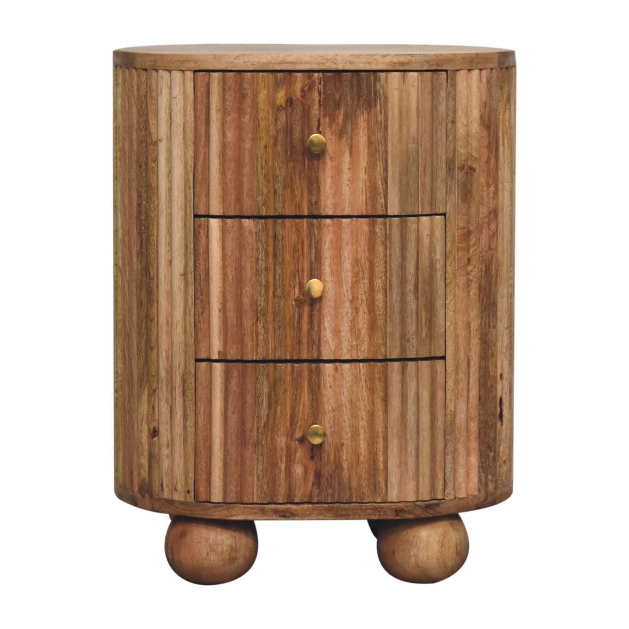 23" Natural Solid Wood Ribbed Texture Round Three Drawer Nightstand