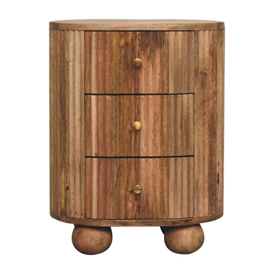 23" Natural Solid Wood Ribbed Texture Round Three Drawer Nightstand
