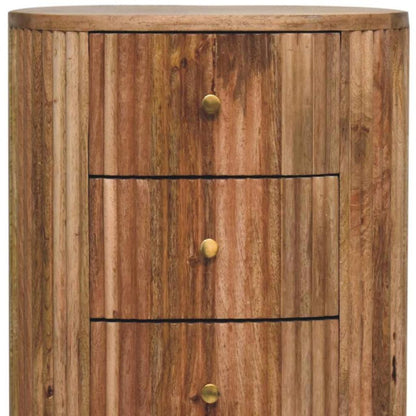 23" Natural Solid Wood Ribbed Texture Round Three Drawer Nightstand