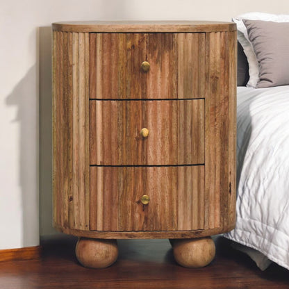 23" Natural Solid Wood Ribbed Texture Round Three Drawer Nightstand