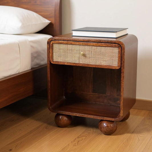 21" Chestnut Solid Wood Cane Rattan One Drawer Nightstand