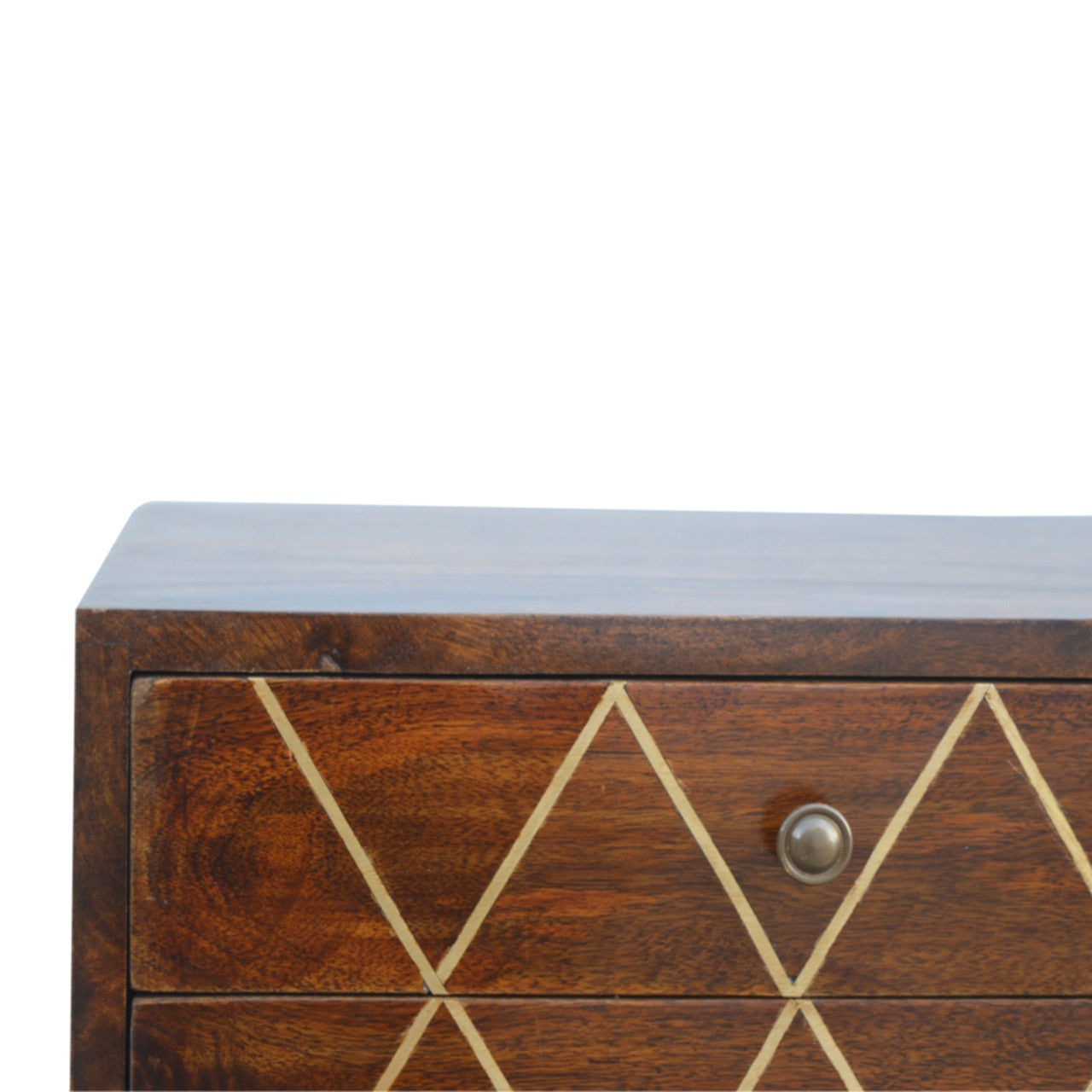22" Chestnut Solid Wood Geometric Brass Inlay Two Drawer Nightstand