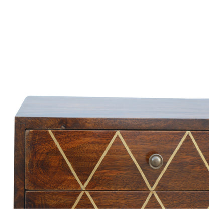 22" Chestnut Solid Wood Geometric Brass Inlay Two Drawer Nightstand
