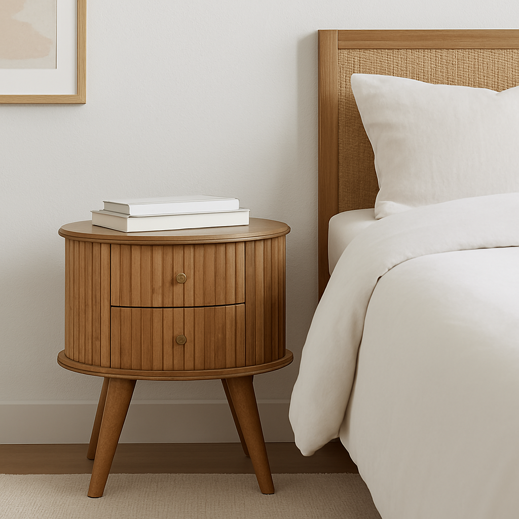 20" Natural Solid Wood Oval Ribbed Texture Two Drawer Nightstand