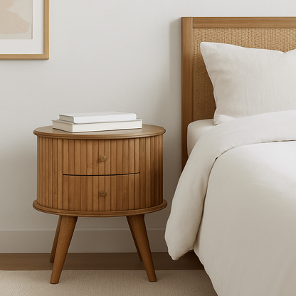 20" Natural Solid Wood Oval Ribbed Texture Two Drawer Nightstand