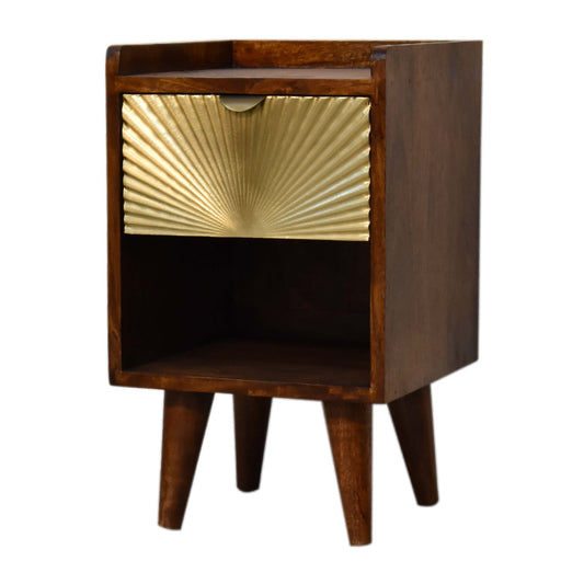 20" Chestnut And Gold Solid Wood Carved Geometric One Drawer Nightstand