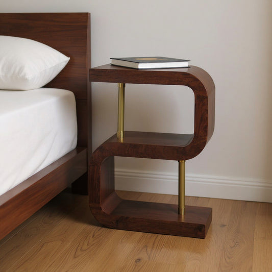 24" Chestnut And Gold Solid Wood Curved Nightstand