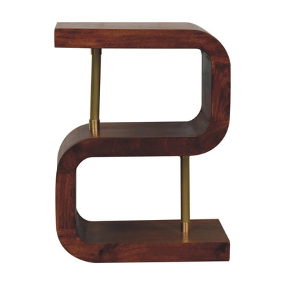 24" Chestnut And Gold Solid Wood Curved Nightstand