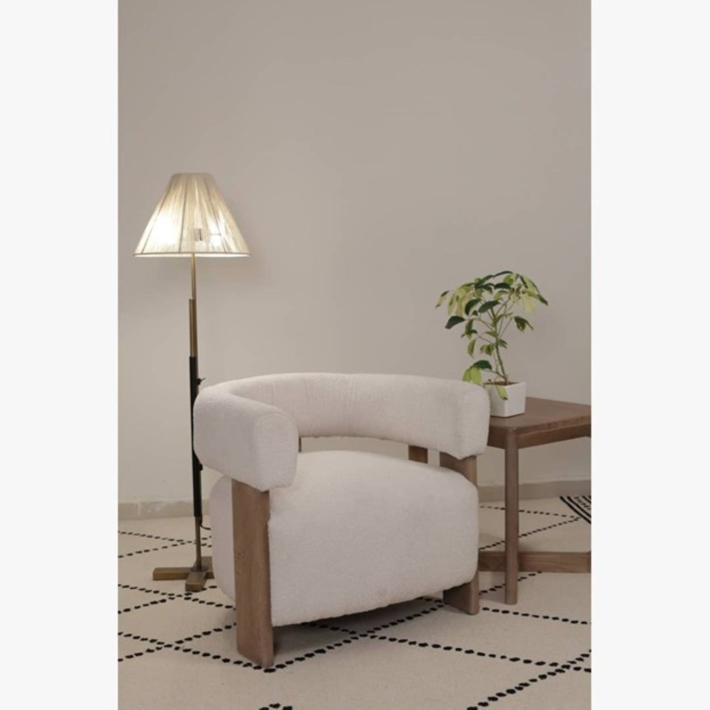 31" White and Brown Boucle and Solid Wood Arm Chair
