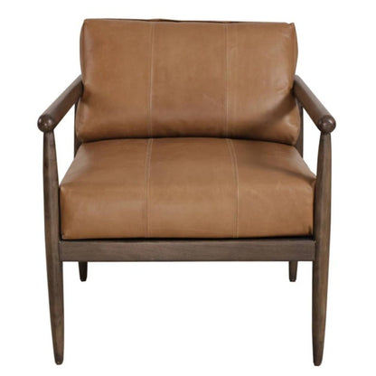 28" Brown Genuine Leather and Solid Wood Arm Chair