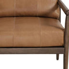 28" Brown Genuine Leather and Solid Wood Arm Chair