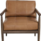 28" Brown Genuine Leather and Solid Wood Arm Chair