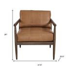 28" Brown Genuine Leather and Solid Wood Arm Chair