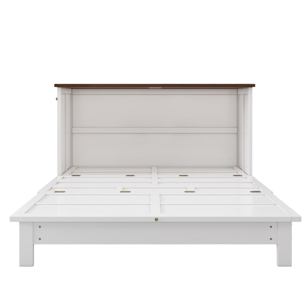 White Wood Queen Murphy Bed With USB And Drawer