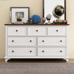 61" White And Walnut Wood Seven Drawer Captains Dresser