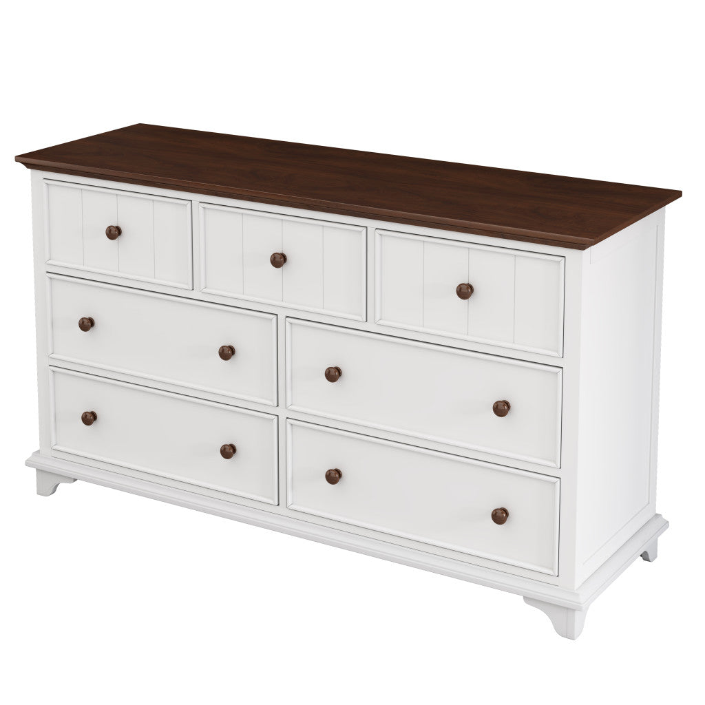 61" White And Walnut Wood Seven Drawer Captains Dresser