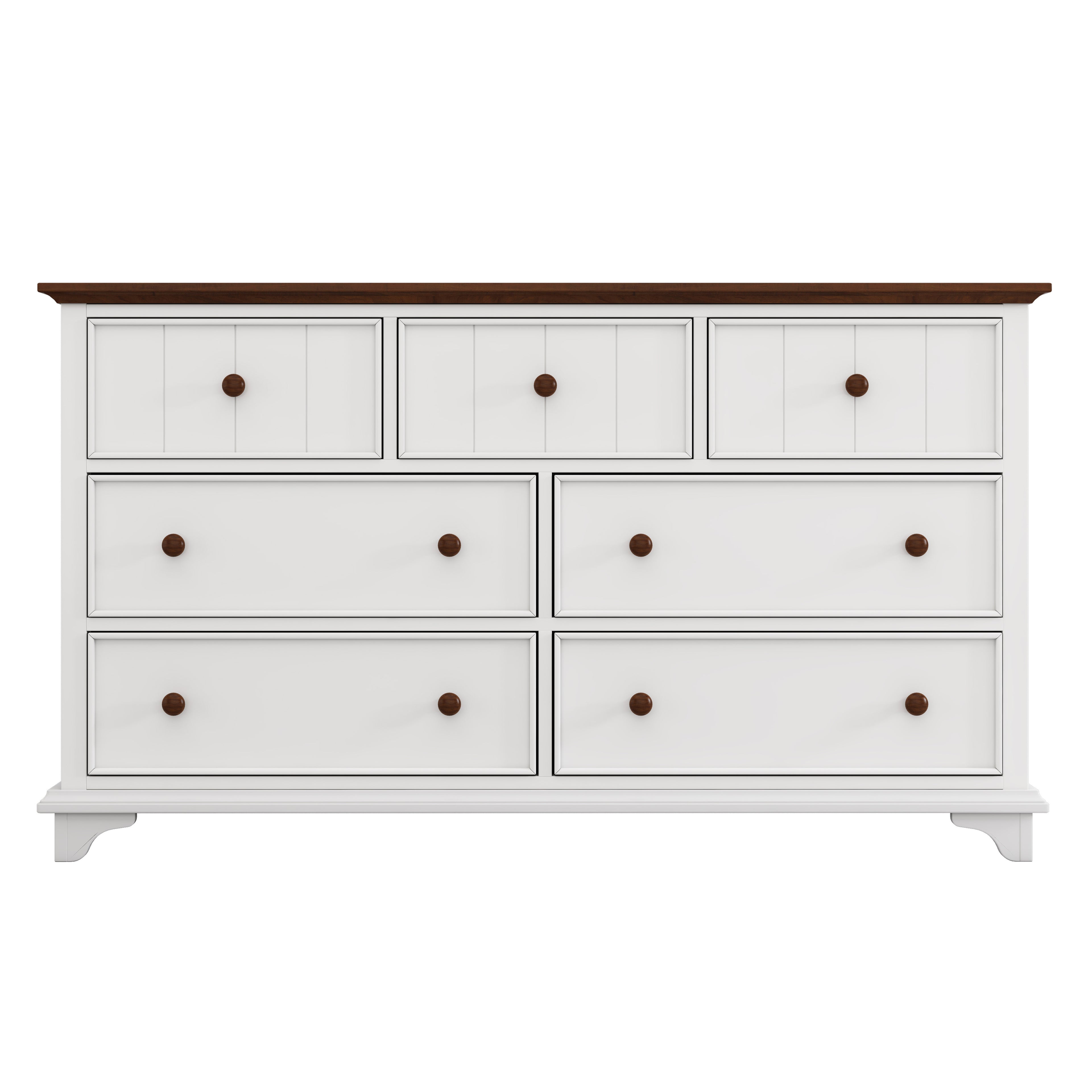 61" White And Walnut Wood Seven Drawer Captains Dresser