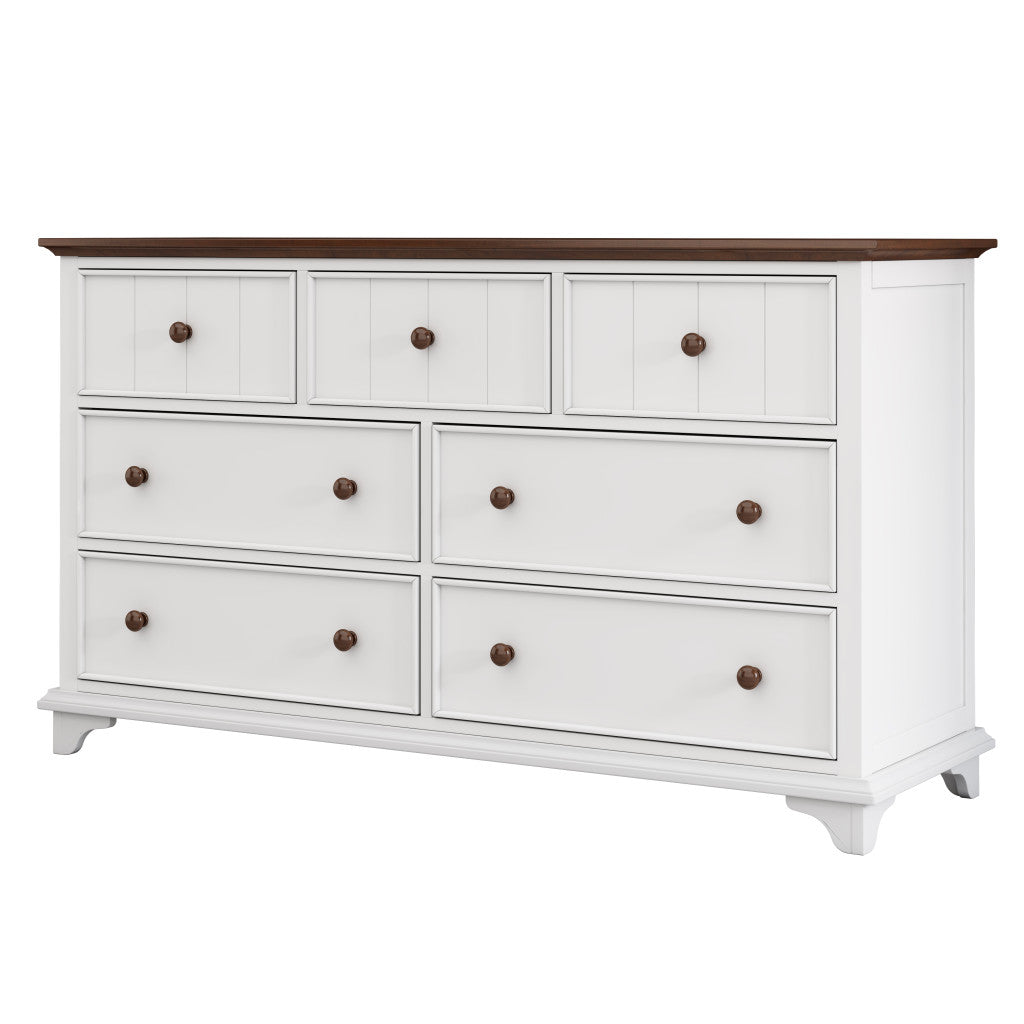 61" White And Walnut Wood Seven Drawer Captains Dresser