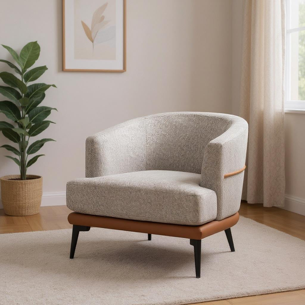 29" Beige Terra Cotta and Black Linen Upholstered Wood Barrel Chair