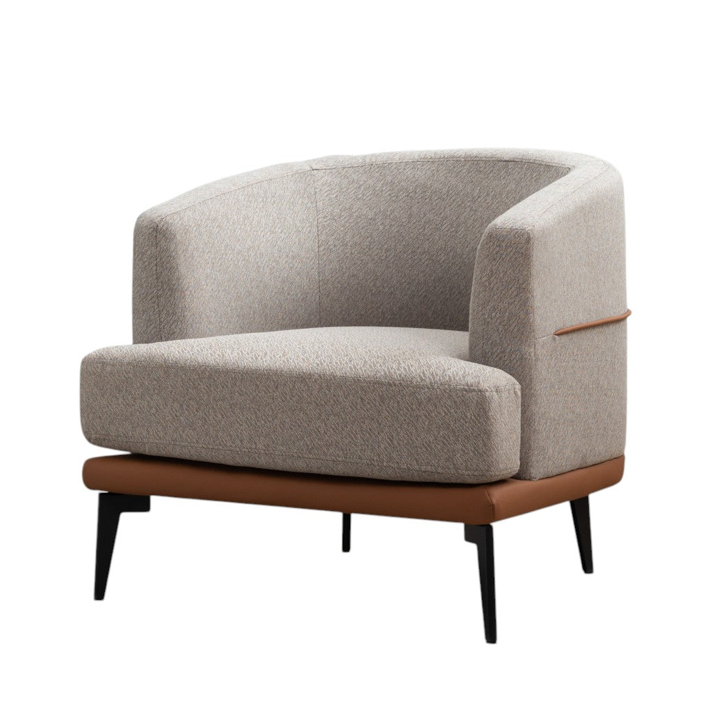 29" Beige Terra Cotta and Black Linen Upholstered Wood Barrel Chair