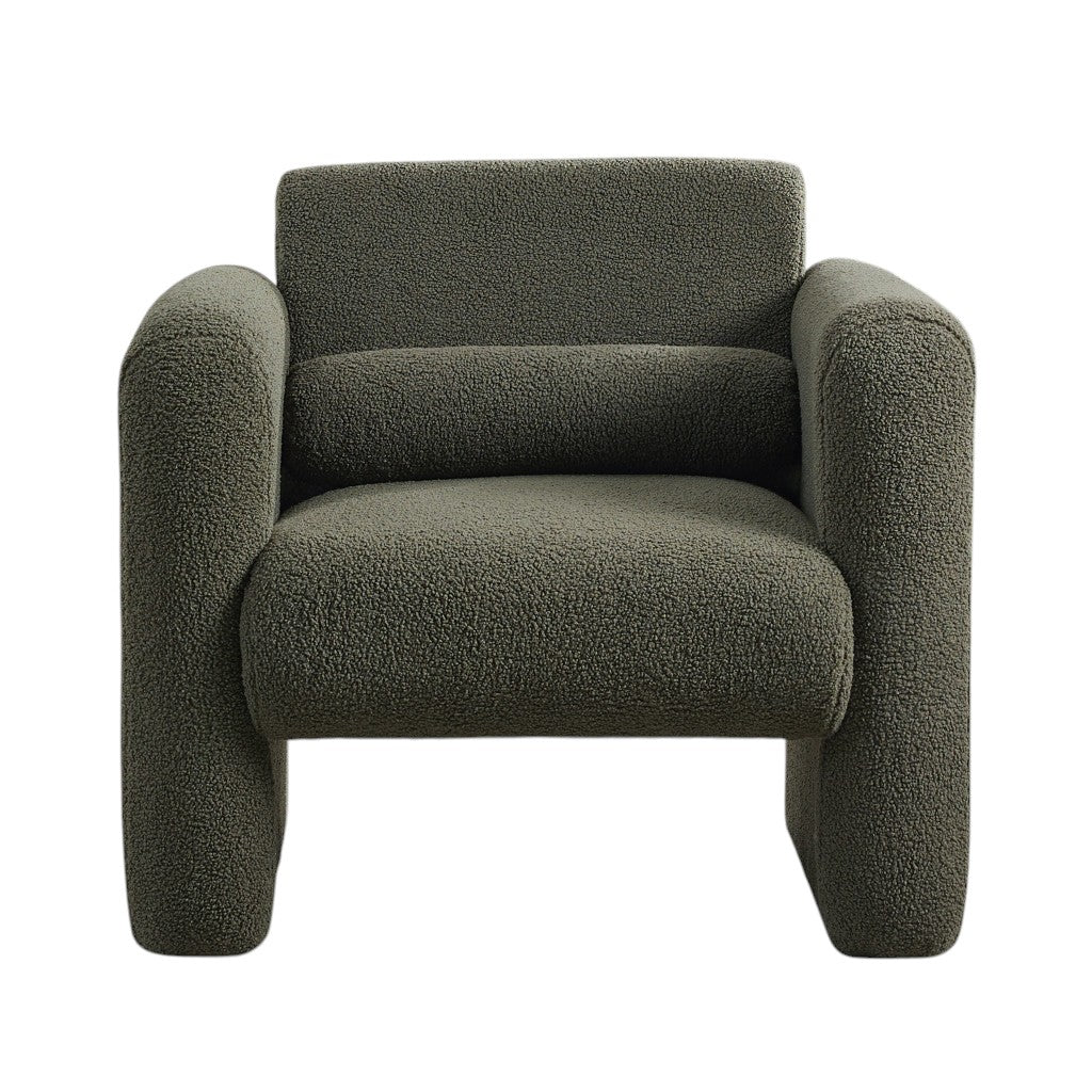 31" Olive Green Boucle Upholstered Arm Chair And Toss Pillow