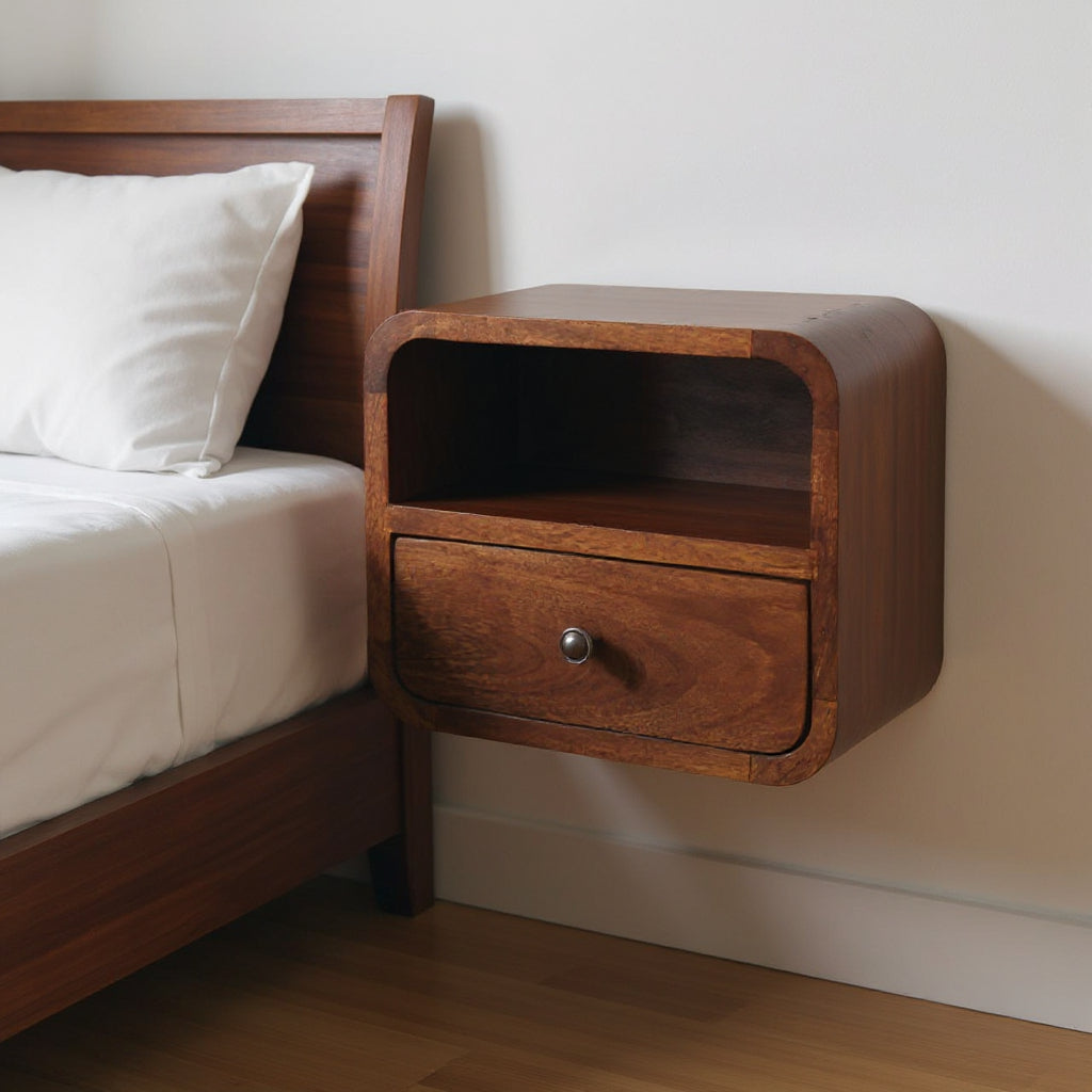 12" Brown Solid Wood Square One Drawer Floating Nightstand