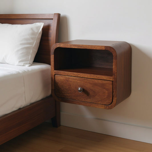 12" Brown Solid Wood Square One Drawer Floating Nightstand