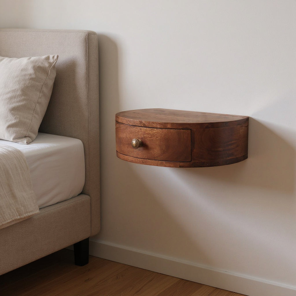 16" Brown Solid Wood One Drawer Half Moon Floating Nightstand